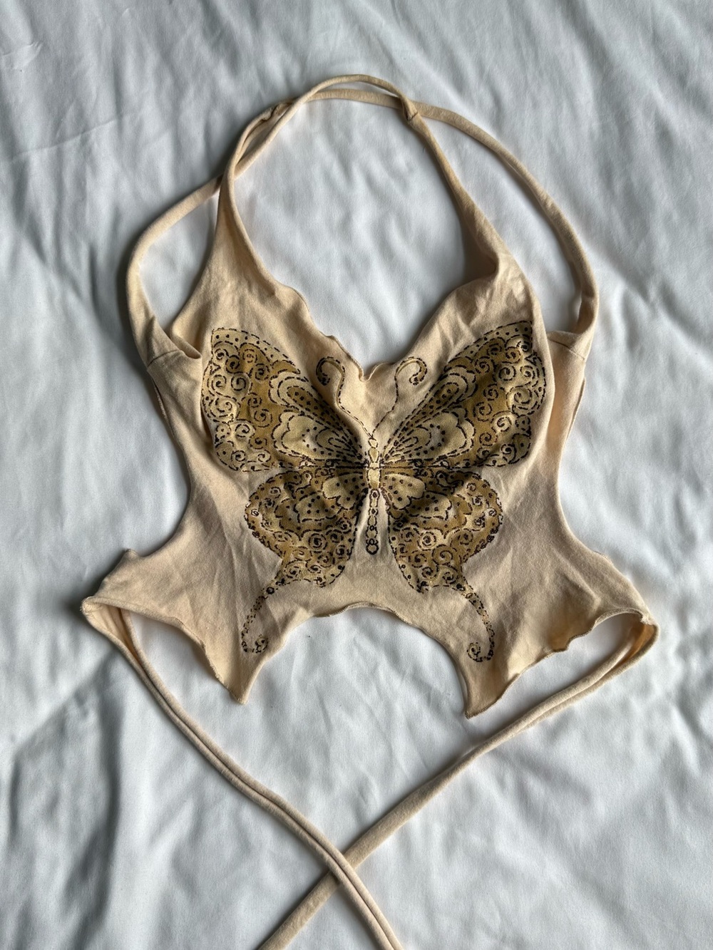 Butterfly Backless Halter Crop Top in Beige